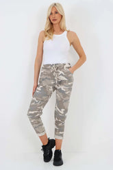 Plus Size Italian Drawstring Camo Side Pockets Trousers For Women  - Dropwear